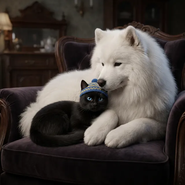 Cachorro branco e gato preto de gorro deitados juntos numa poltrona